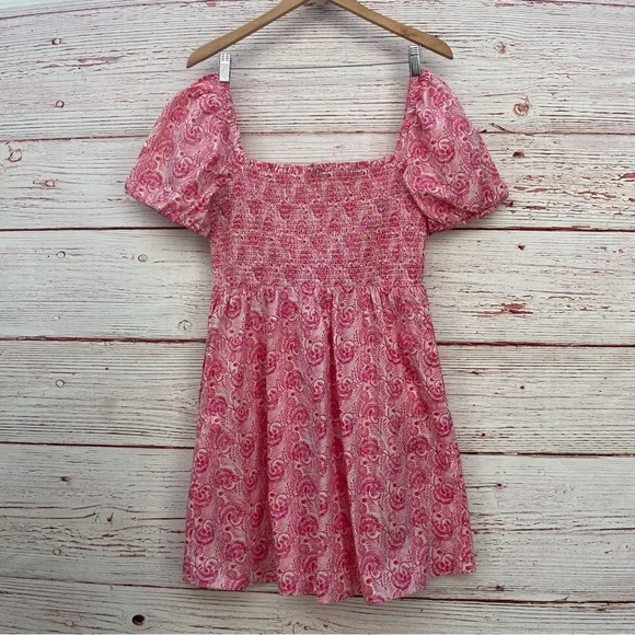 J Crew Puff Sleeve Smocked Mini Dress in Dandelion Swirl Pink/White Sz M - Picture 12 of 14